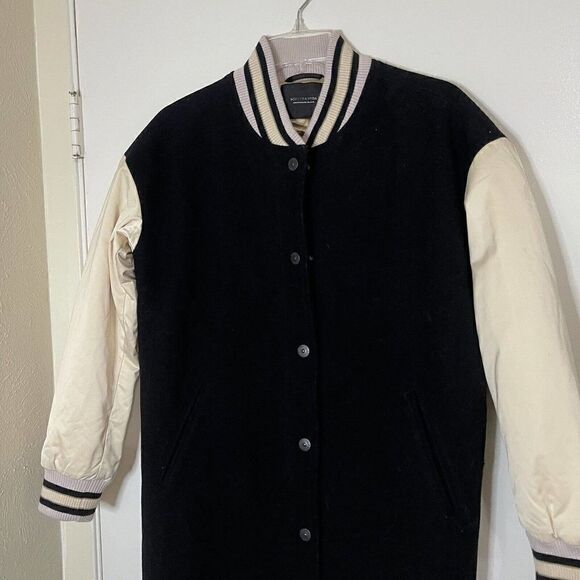 NEW! Scotch & Soda Black longline wool blend varsity snap jacket size XS $275 - Picture 2 of 7